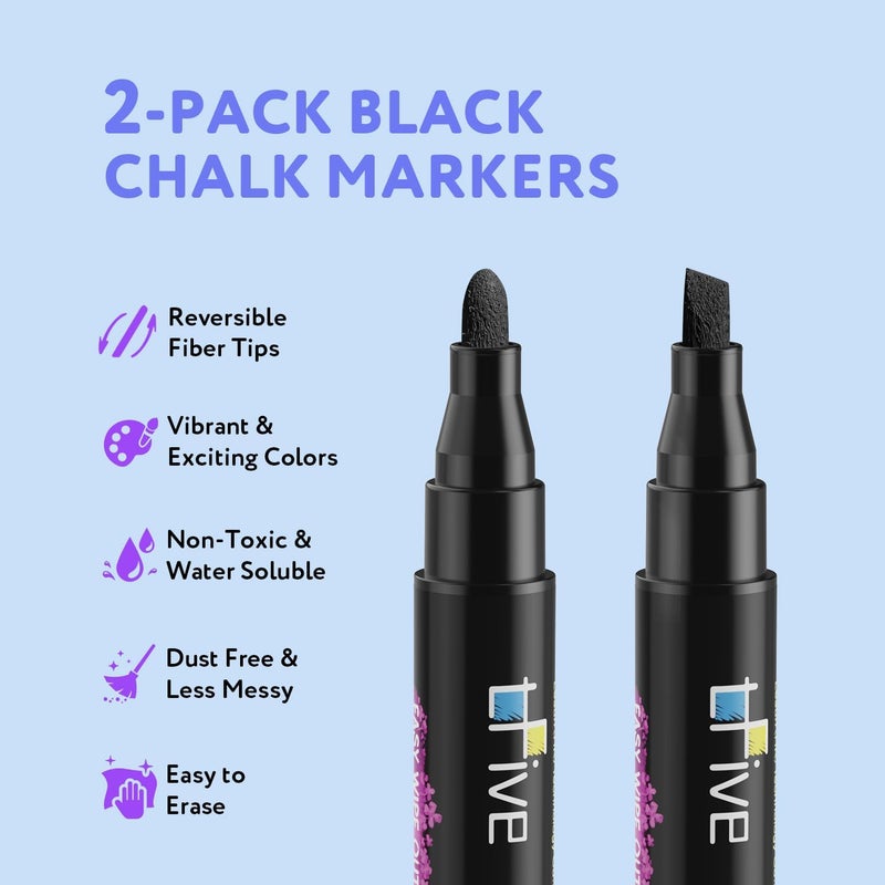 TFIVE Black Liquid Chalk Markers - 2 Pack Bright Colors Erasable Chalk Marker Pens, Reversible Tip, Non-Toxic, for Chalkboards, Signs, Glass, Easy to use Chalk markers TF800 - Image 2